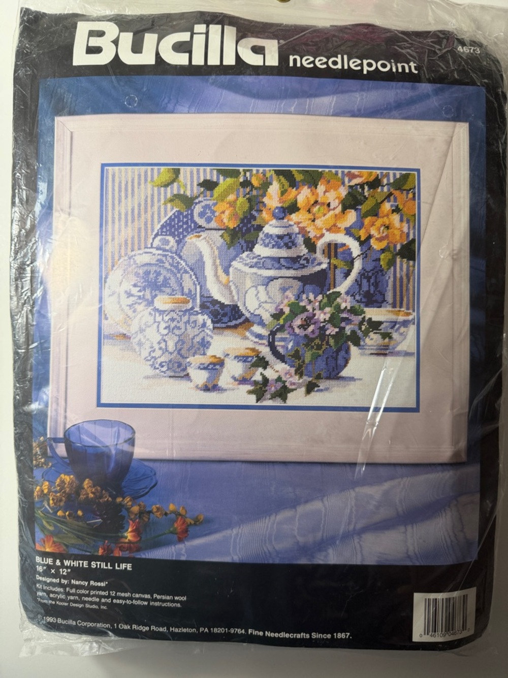 Bucilla Blue, White Teapot Still Life Needlepoint Kit